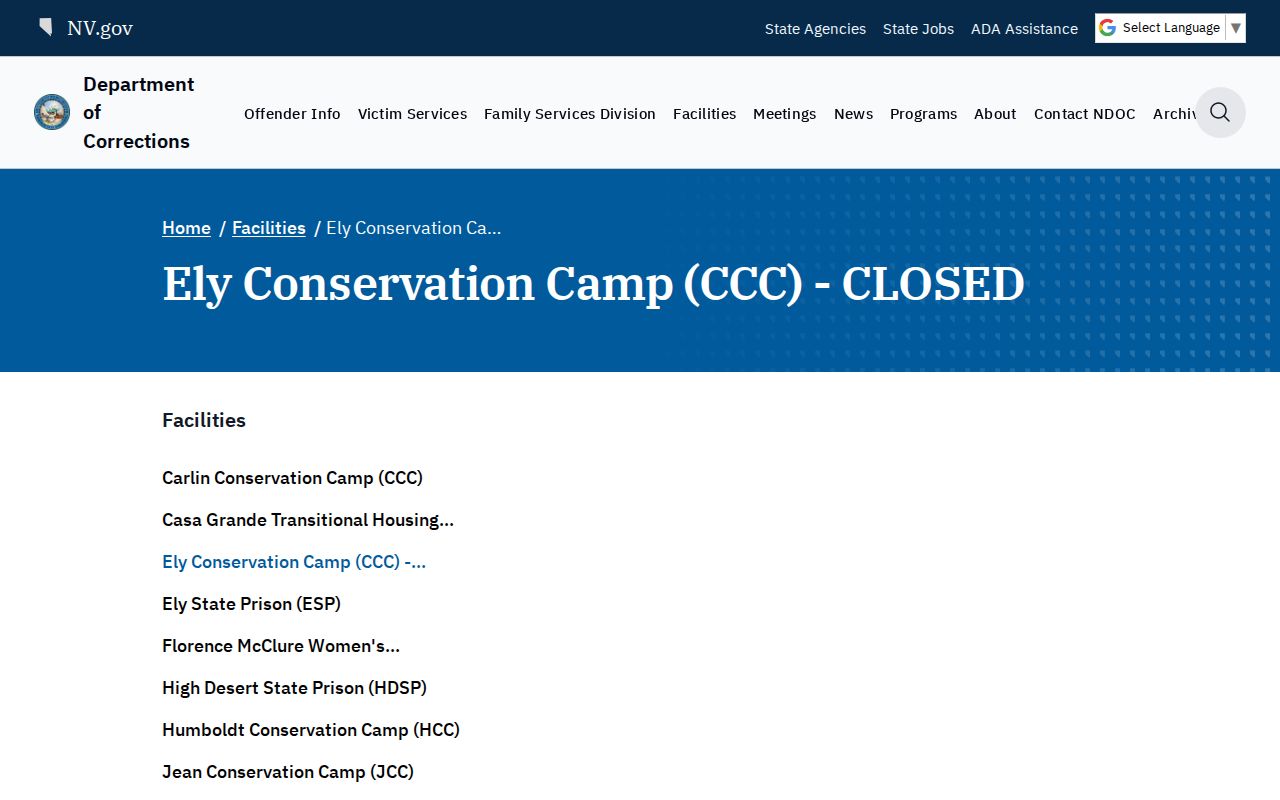 Ely Conservation Camp closed status and historical release record source