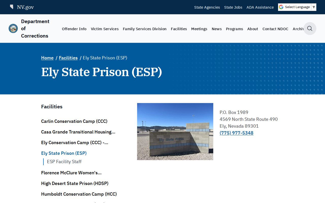 Ely State Prison official facility and release-record source