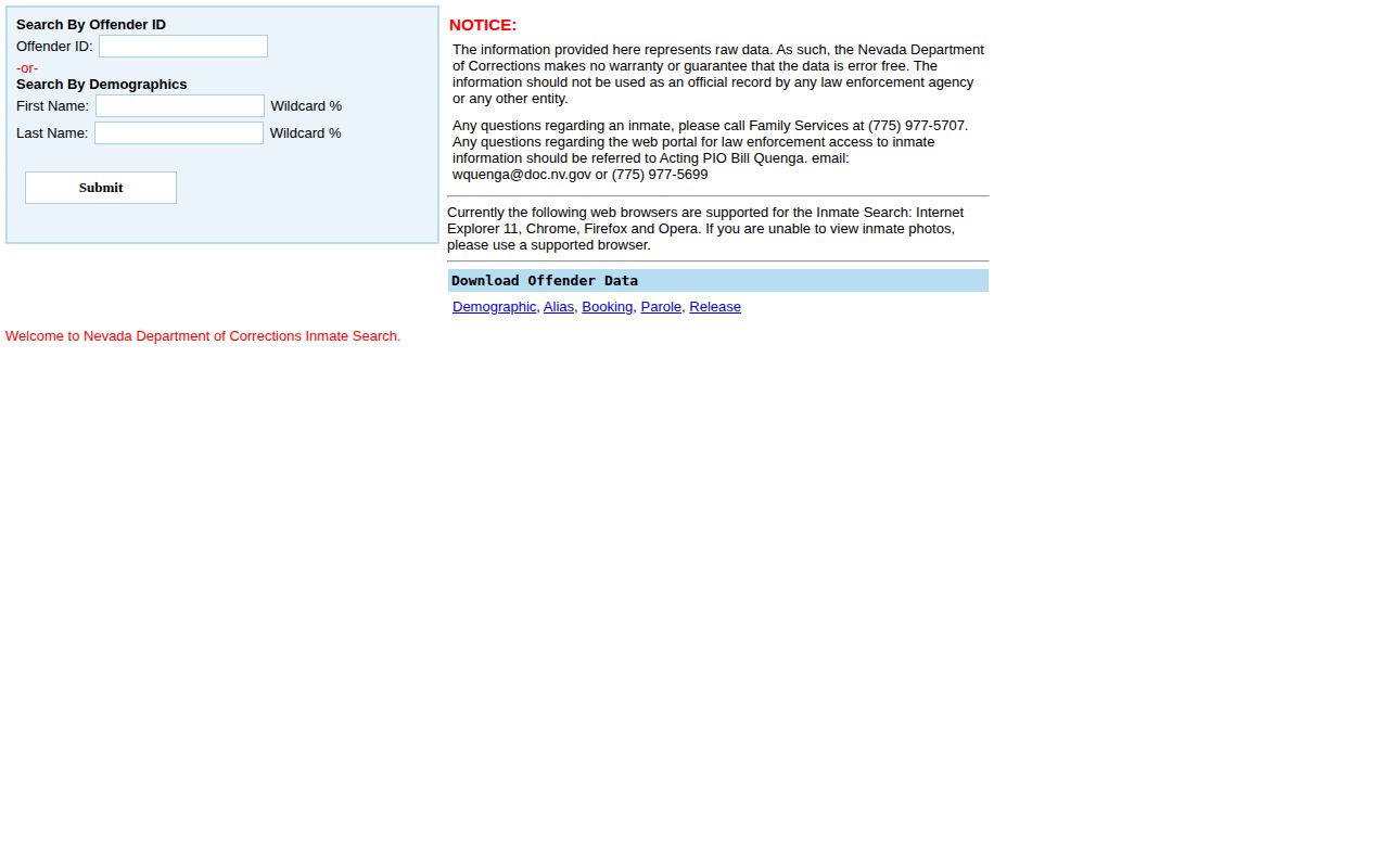 White Pine County released inmate fields in the NDOC offender search