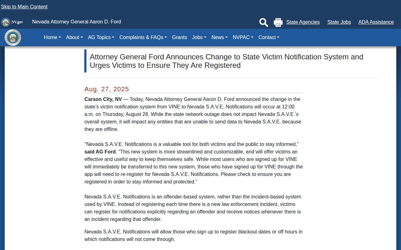 Official White Pine County VINELink to Nevada SAVE transition notice